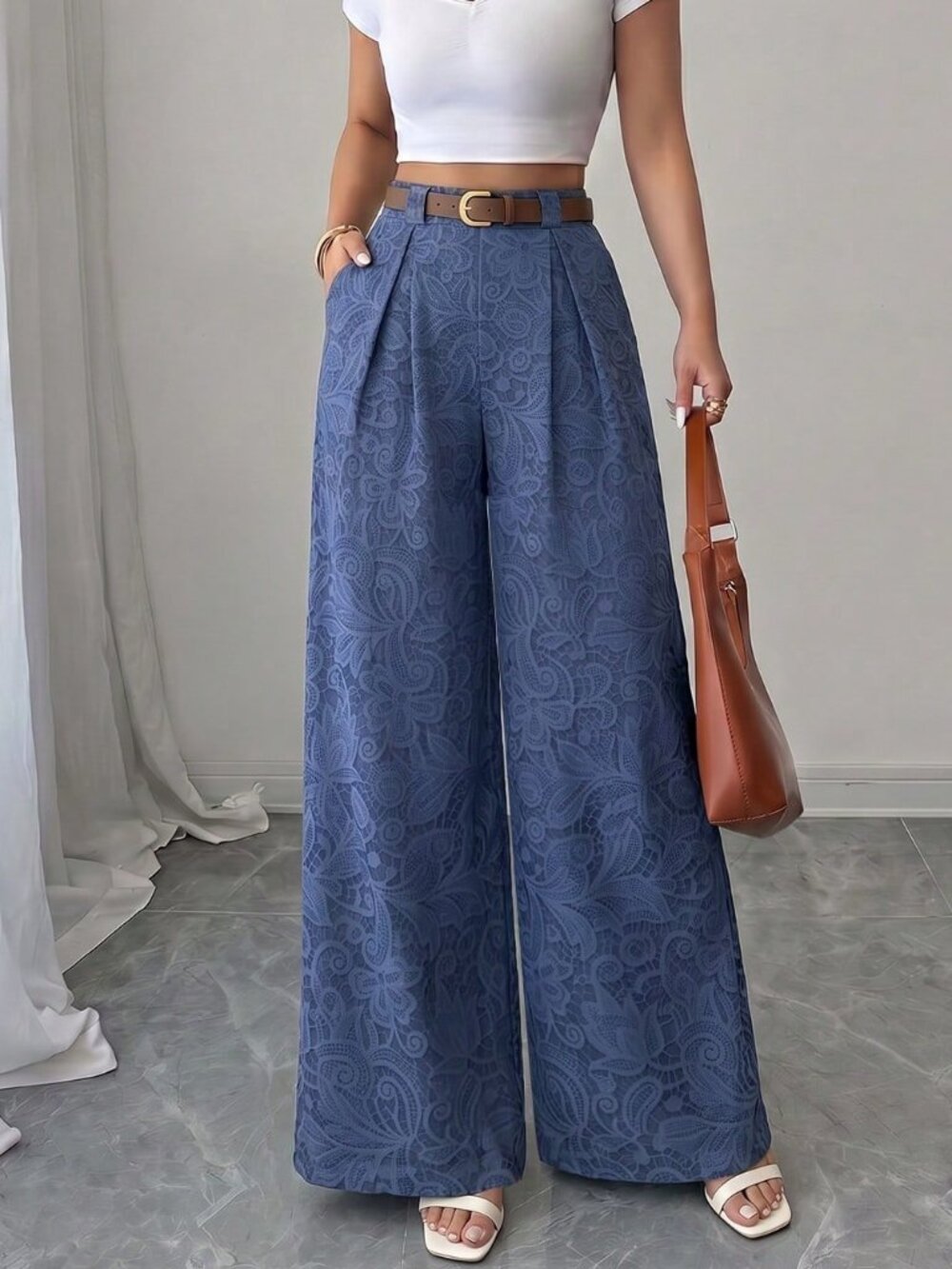 Blue Casual Women's High-Waist Print Pants